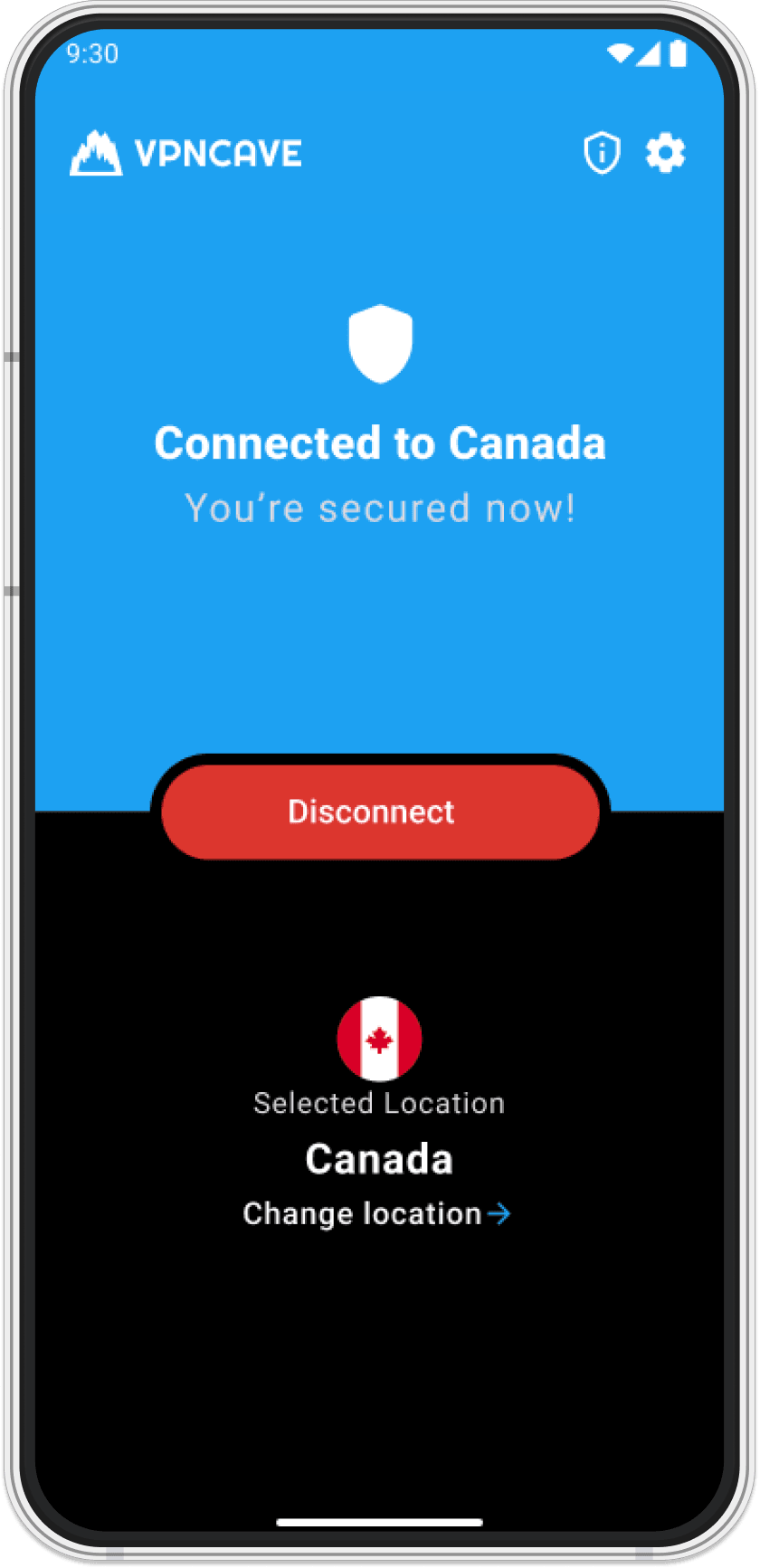 VPN Cave app screenshot showing secure VPN connection to Hong Kong